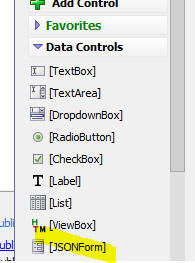 The JSON Form control shown in the UX Builder toolbox under Data Controls.